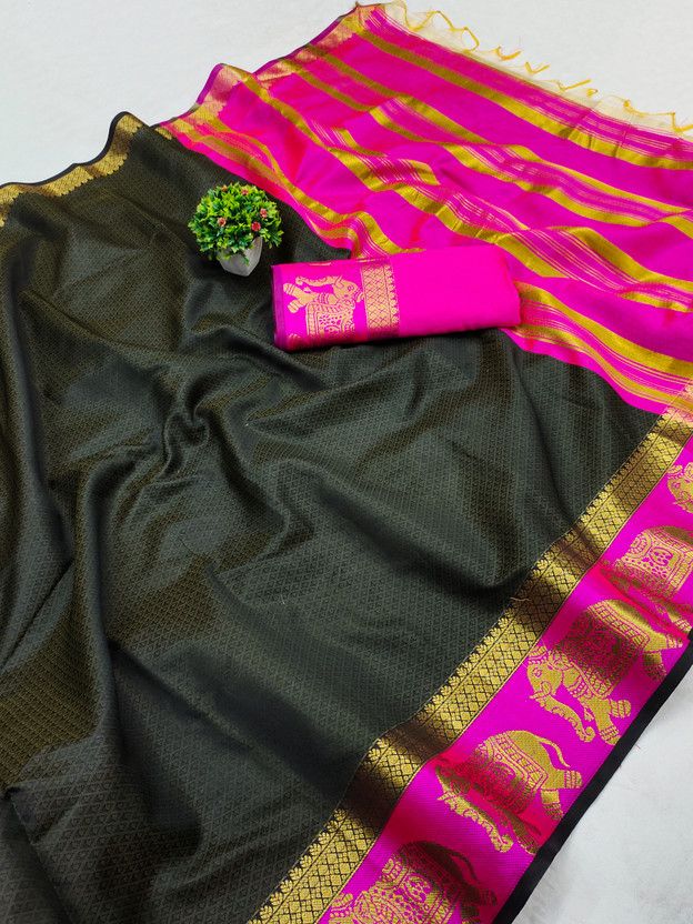 Woven Banarasi Cotton Silk, Art Silk Saree  (Black)