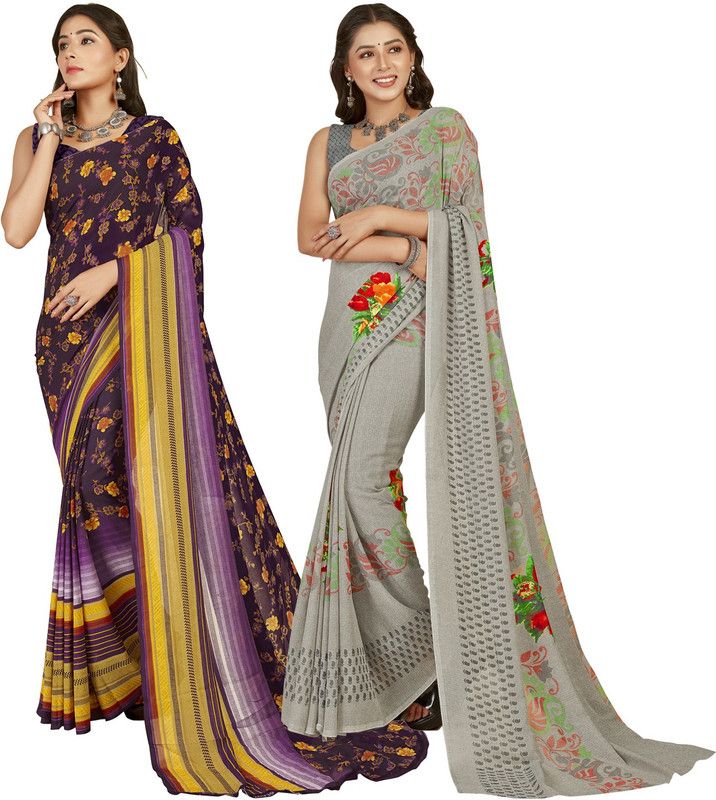 Printed Daily Wear Georgette Saree  (Pack of 2, Purple, Grey, Yellow)