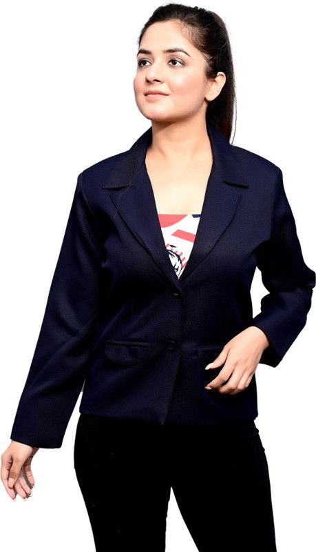 Women Solid Single Breasted Formal Blazer  (Dark Blue)