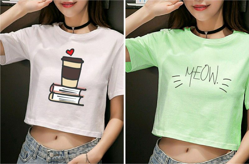 Pack of 2 Women Graphic Print Round Neck Cotton Blend White, Green T-Shirt