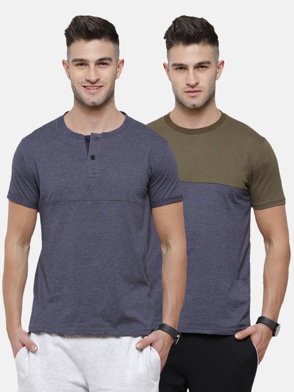 Pack of 2 Men Colorblock Round Neck Cotton Blend Dark Green, Grey T-Shirt