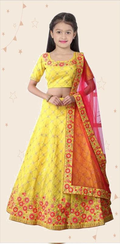 Girls Lehenga Choli Western Wear, Ethnic Wear, Party Wear Embroidered Lehenga, Choli and Dupatta Set  (Yellow, Pack of 1)