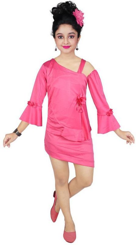 Girls Above Knee Party Dress  (Pink, Fashion Sleeve)