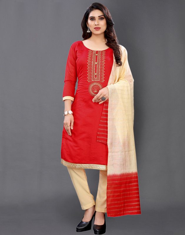 Unstitched Chanderi Salwar Suit Material Dyed, Solid, Embroidered, Embellished