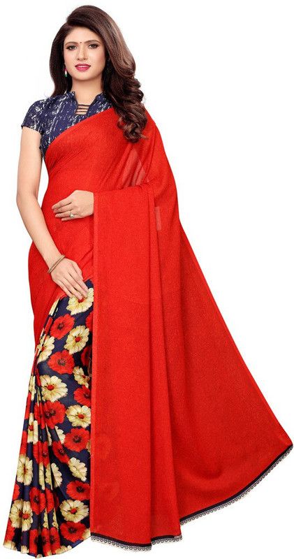 Printed, Striped, Floral Print Bollywood Georgette Saree  (Red)