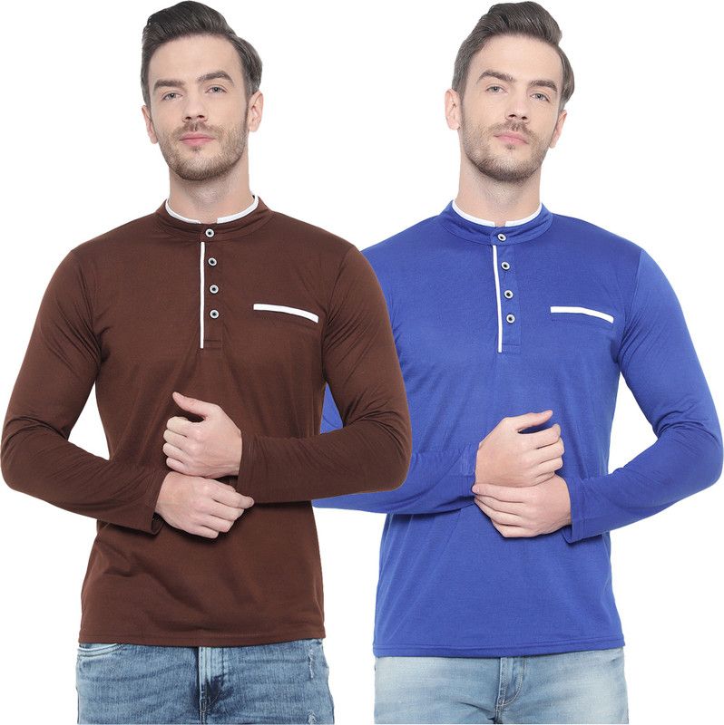 Pack of 2 Men Solid Mandarin Collar Cotton Blend Brown, Blue T-Shirt
