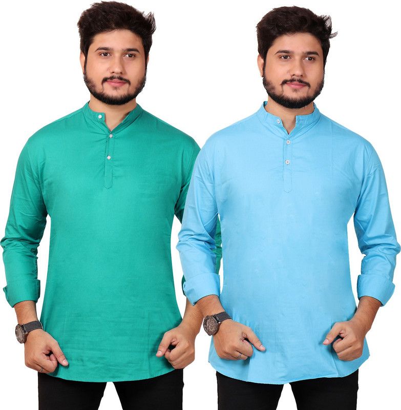 Pack of 2 Men Solid Cotton Blend Straight Kurta  (Green, Blue)