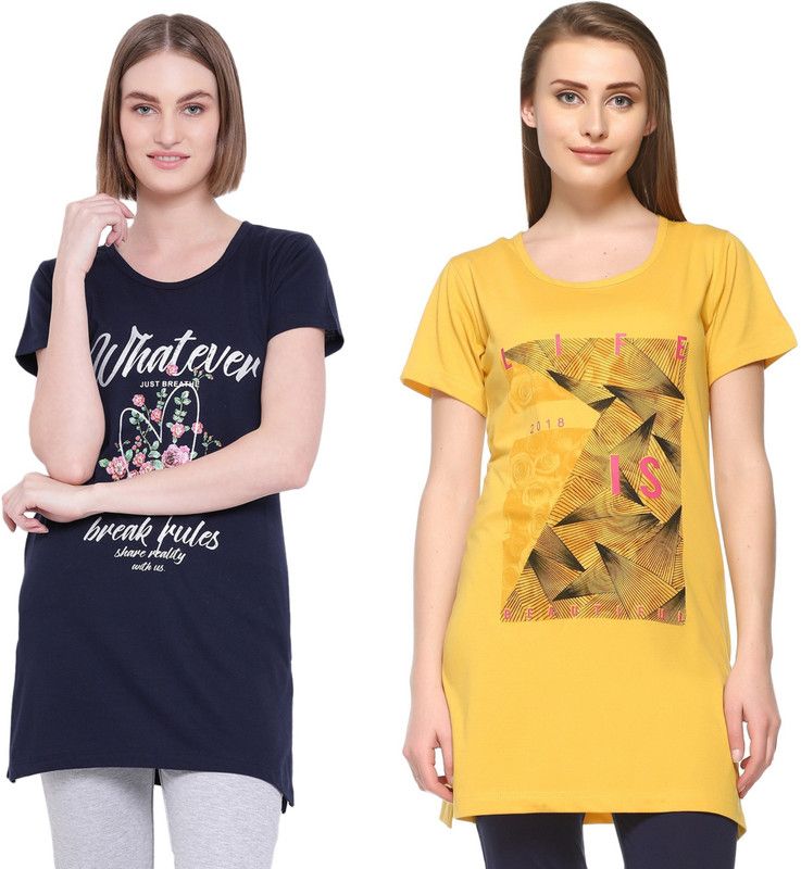 Pack of 2 MTLP-G Women Graphic Print Round Neck Cotton Blend Blue, Yellow T-Shirt