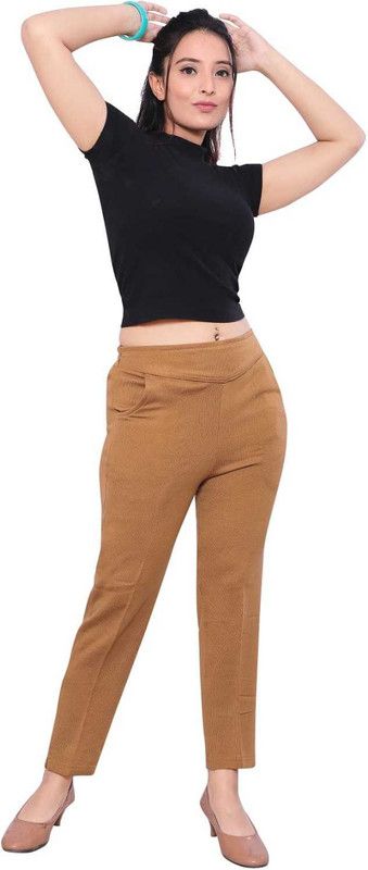 Women Regular Fit Cream Wool Trousers