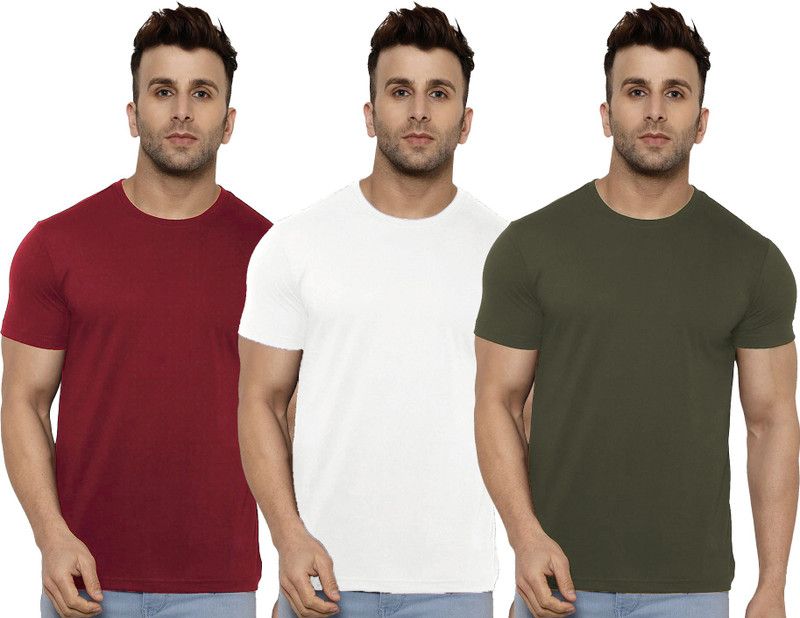 Pack of 3 Men Solid Round Neck Pure Cotton White, Green, Maroon T-Shirt