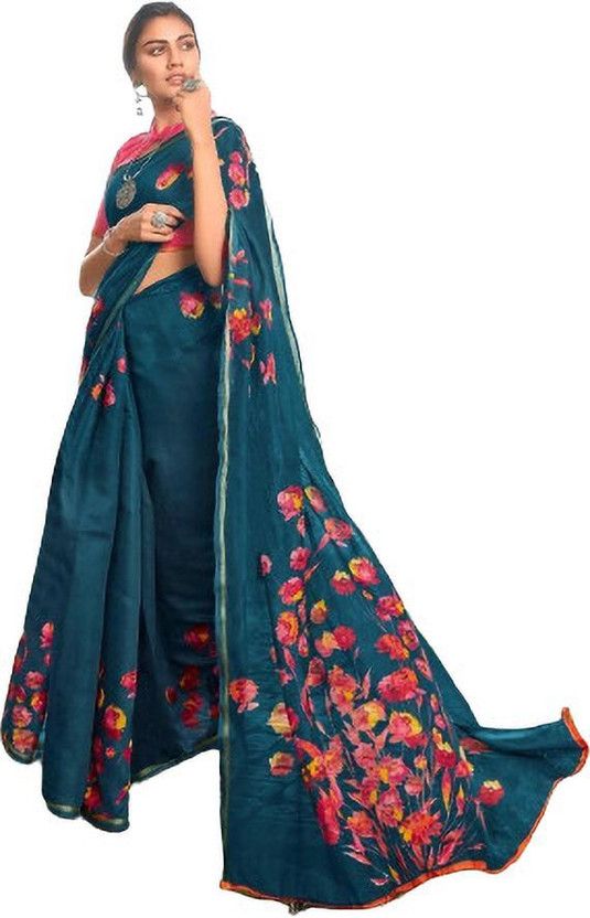 Printed Patola Cotton Jute Saree  (Blue)