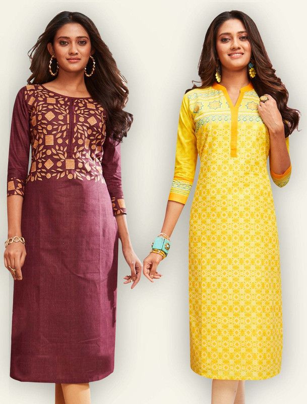 Pack of 2 Women Geometric Print Pure Cotton Straight Kurta  (Maroon, Yellow)