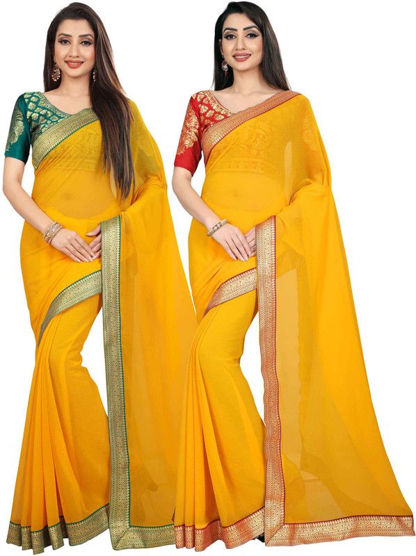 Solid/Plain Bollywood Chiffon Saree  (Pack of 2, Yellow)
