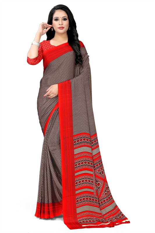 Printed Bollywood Crepe Saree  (Red, Brown)