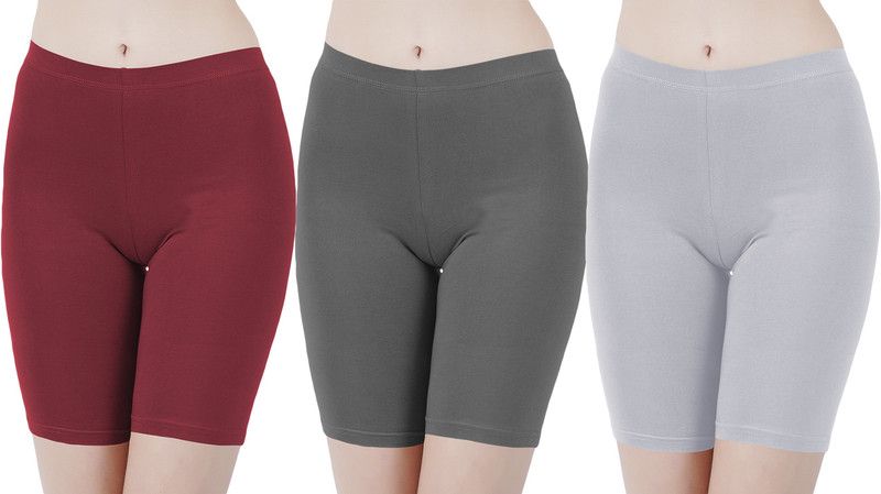 Pack of 3 Solid Women Red, Grey, Grey Cycling Shorts