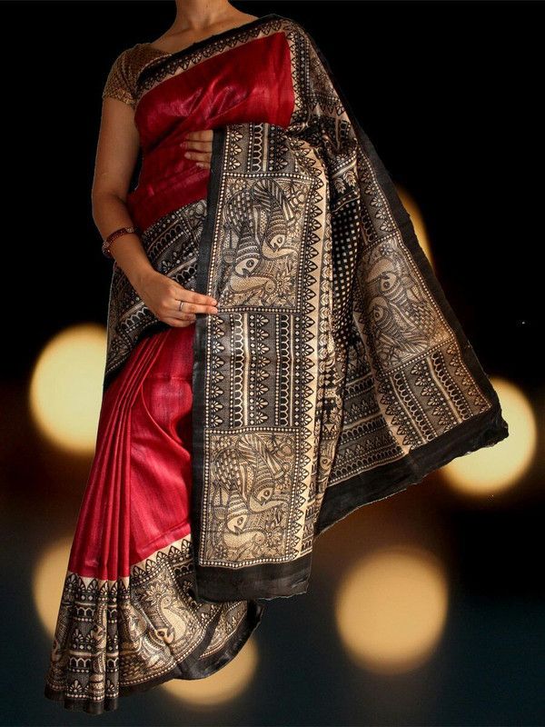 Printed Madhubani Tussar Silk Saree  (Maroon)