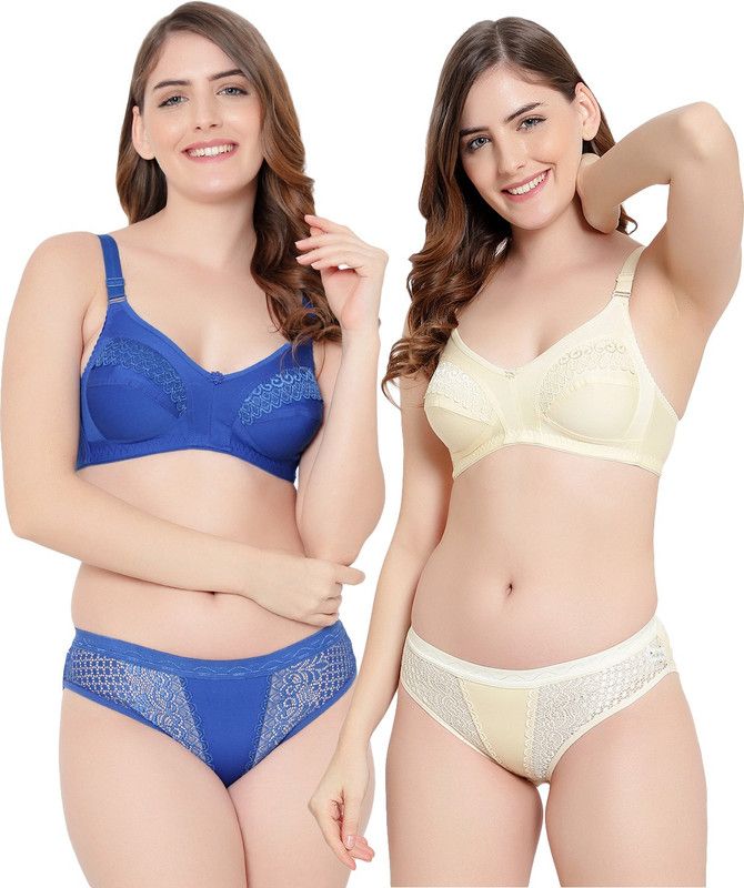Bra & Panty Set Self Design Blue, Yellow Lingerie Set
