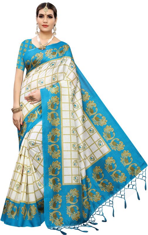 Checkered, Printed Mysore Art Silk Saree  (Light Blue)
