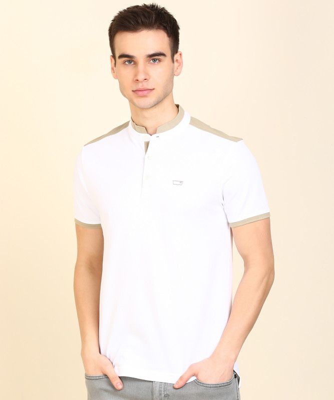 Polo Tee Men Solid Mandarin Collar Pure Cotton White T-Shirt