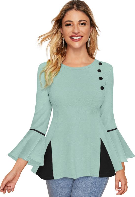 Casual Bell Sleeves Color Block Women Light Green Top