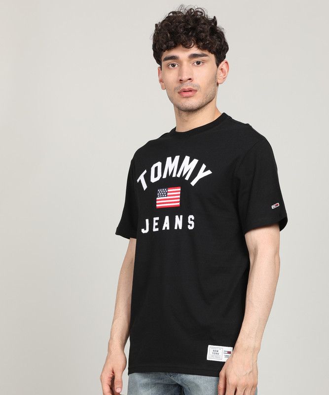 TJM USA FLAG TEE Men Embroidered Round Neck Pure Cotton Black T-Shirt