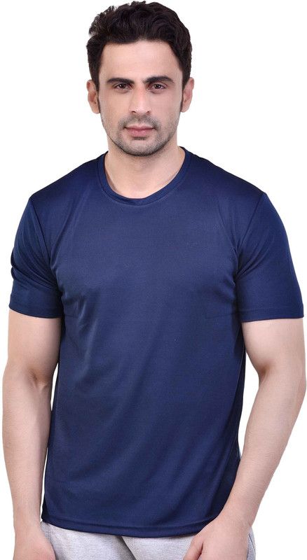 Item 2 Navy Blue XL Men Solid Round Neck Poly Cotton Dark Blue T-Shirt
