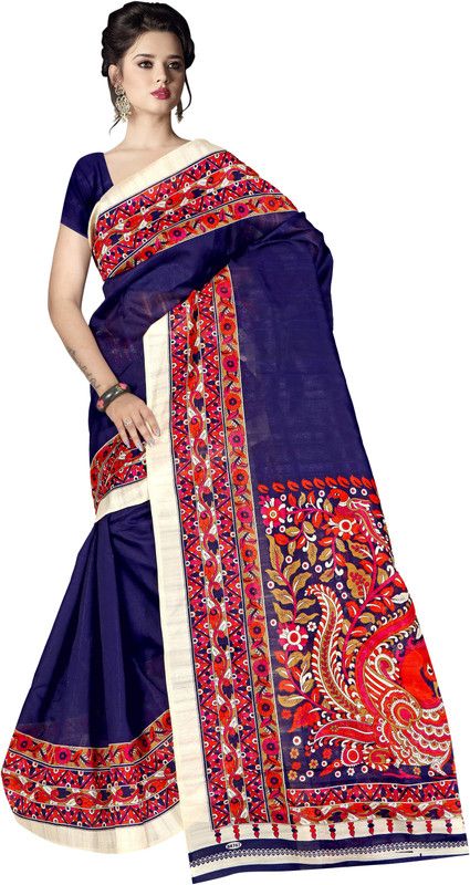Animal Print Bollywood Cotton Blend Saree  (Dark Blue)