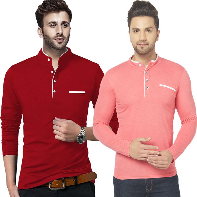 Pack of 2 Solid Combo of Two Henley Neck T-Shirt Men Solid Henley Neck Cotton Blend Red T-Shirt