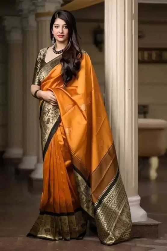 Self Design, Woven, Embellished Banarasi Jacquard, Art Silk Saree  (Black, Orange)