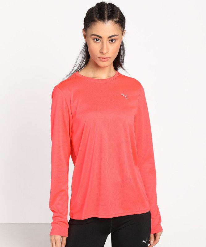 RUN FAV LS TEE Women Solid Round Neck Polyester Pink T-Shirt