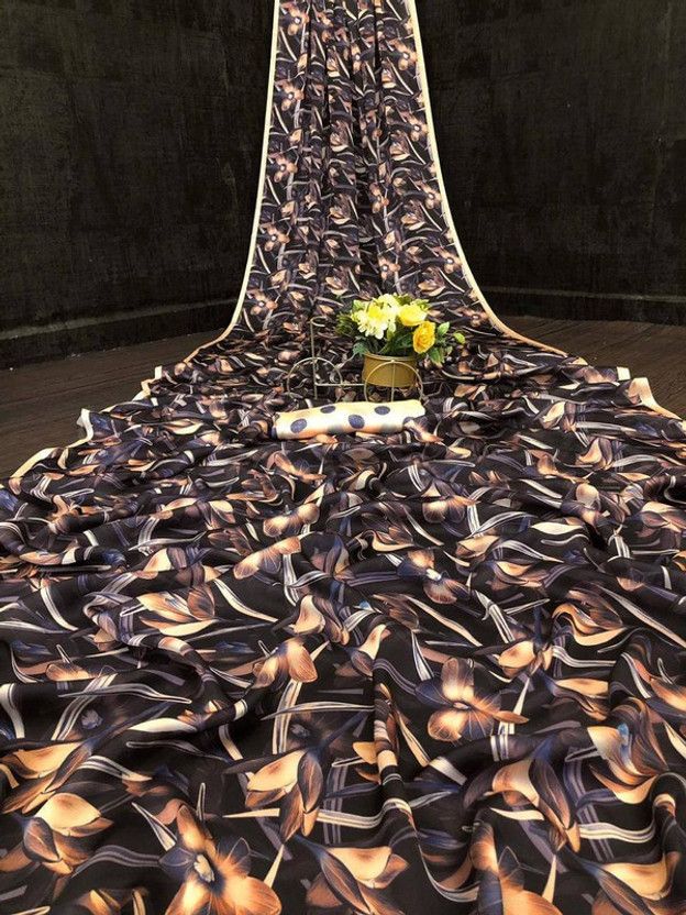 Digital Print Bollywood Silk Blend Saree  (Brown, Black)