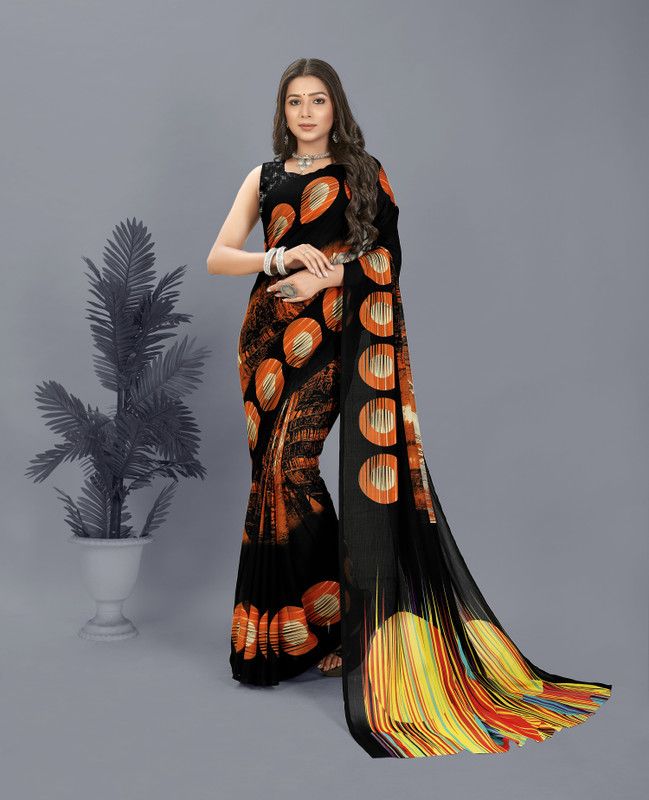 Ombre, Geometric Print Bollywood Georgette Saree  (Black, Orange)