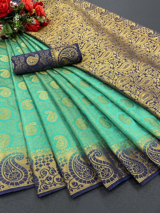Woven Banarasi Jacquard, Cotton Silk Saree  (Silver, Dark Green, Gold, Light Green)