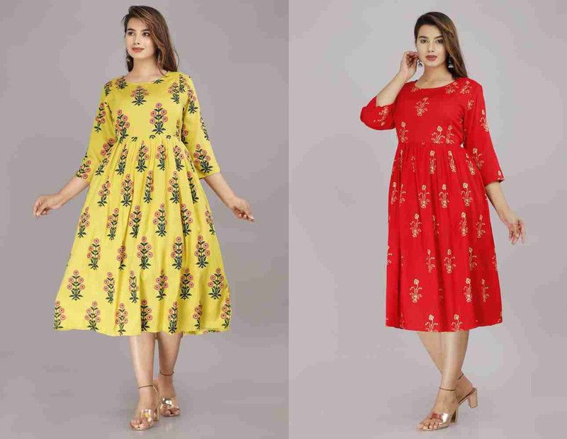 Women Ethnic Dress Yellow, Red Dress