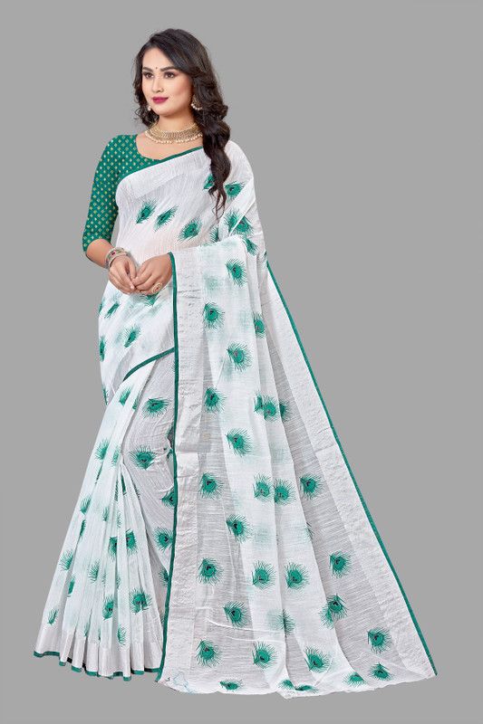 Woven, Embellished Daily Wear Cotton Linen Saree  (Green)