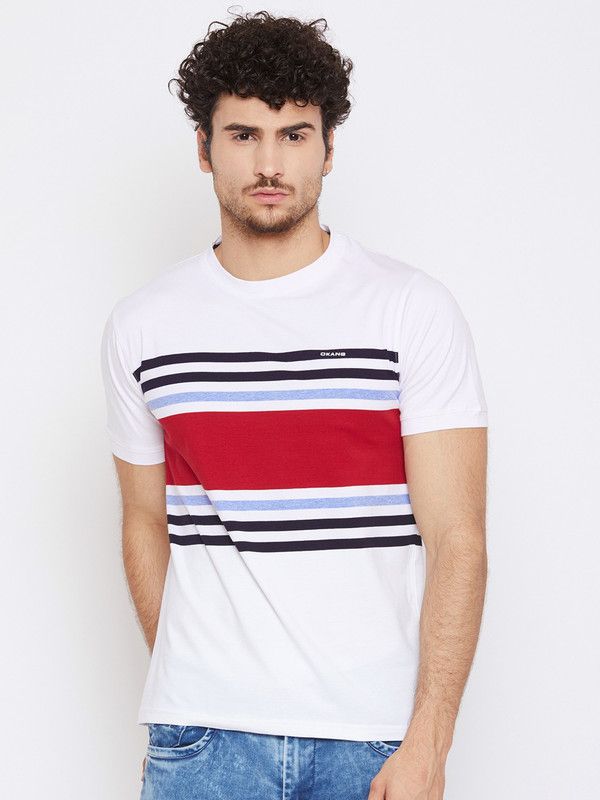 Men Striped Round Neck Cotton Blend Red, White, Blue T-Shirt