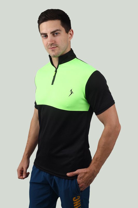 Gym Running Sport workout Tshirt Men Self Design Mandarin Collar Polyester Black, Light Green T-Shirt