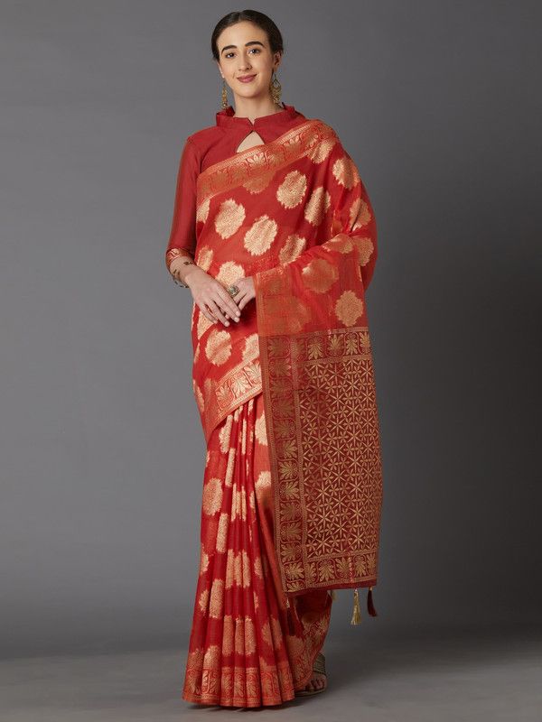 Paisley, Woven Banarasi Silk Blend, Jacquard Saree  (Red)