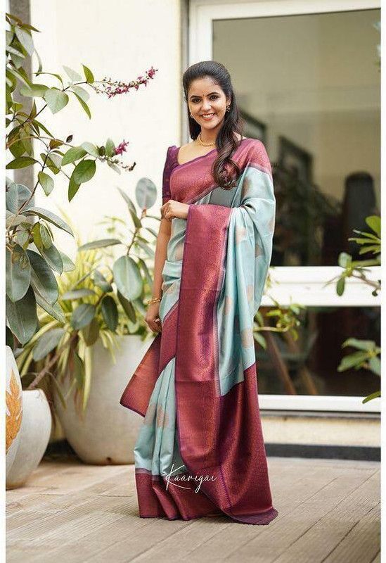 Printed, Self Design, Embellished, Woven, Floral Print, Animal Print Bollywood Jacquard, Silk Blend Saree  (Blue)