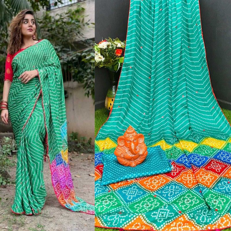 Striped Bandhani Crepe Saree  (Green)