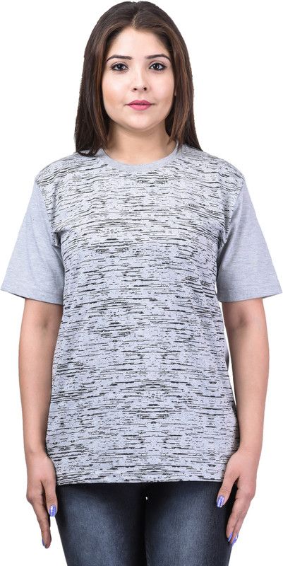 Women Checkered Round Neck Cotton Blend Grey T-Shirt