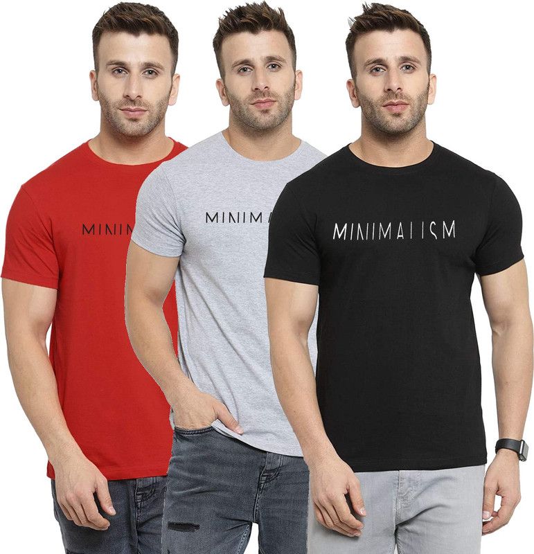Pack of 3 Men Typography Round Neck Cotton Blend Red, Black, Grey T-Shirt