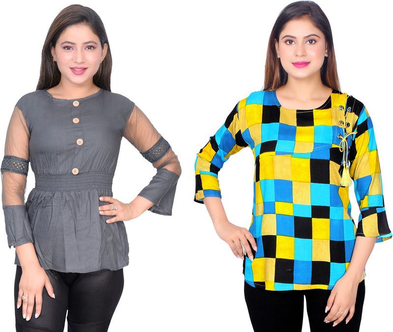 Girls Casual Cotton Blend Peplum Top  (Grey, Pack of 2)