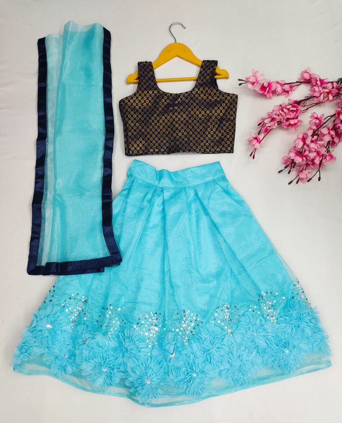 Girls Lehenga Choli Ethnic Wear Embellished Lehenga, Choli and Dupatta Set  (Yellow, Pack of 3)