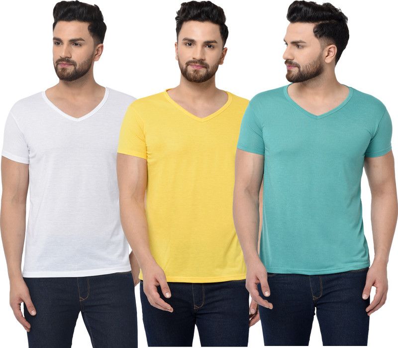 Pack of 3 Men Solid V Neck Cotton Blend White, Green, Yellow T-Shirt