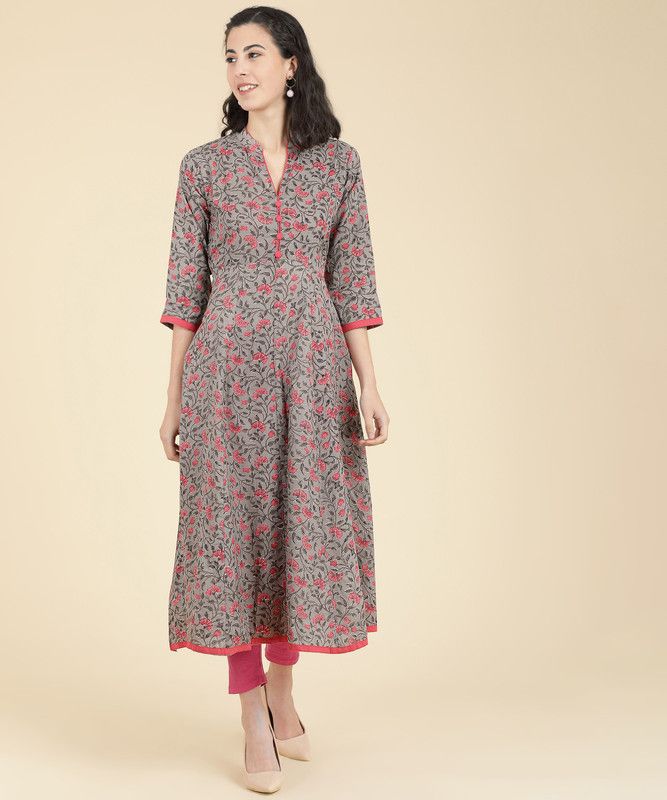 Women Floral Print Cotton Blend Anarkali Kurta  (Pink, Grey)