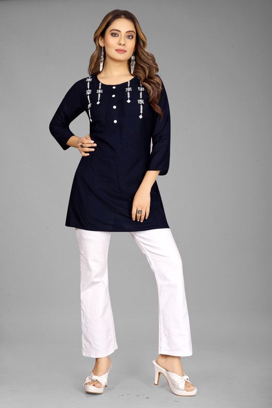 Casual Regular Sleeves Embroidered Women Dark Blue Top
