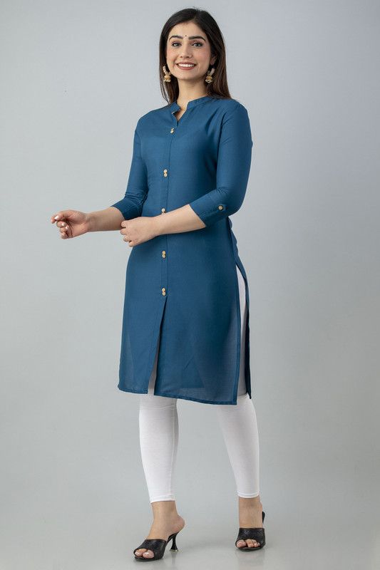 Women Solid Viscose Rayon Straight Kurta  (Blue)