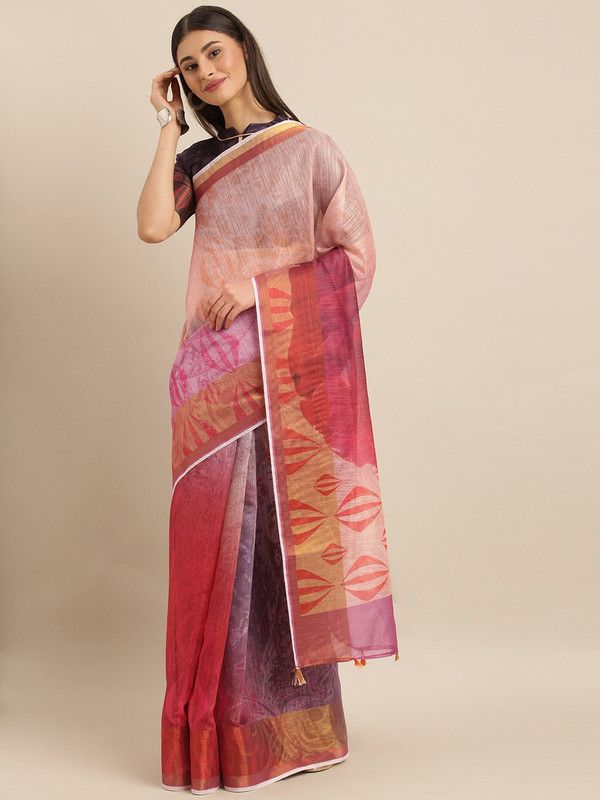Floral Print Bollywood Linen Saree  (Pink, Beige)