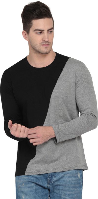 Men Self Design Round Neck Pure Cotton Black, Grey T-Shirt
